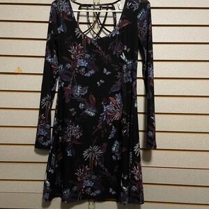 Mudd Womens Dress Black Floral Lattice Back Long Sleeve Mini